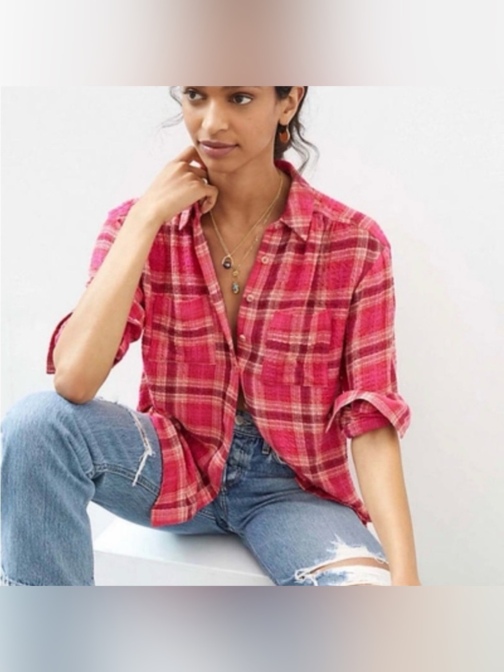 Anthropologie Pilcro Seamed Tunic Buttondown In Pink